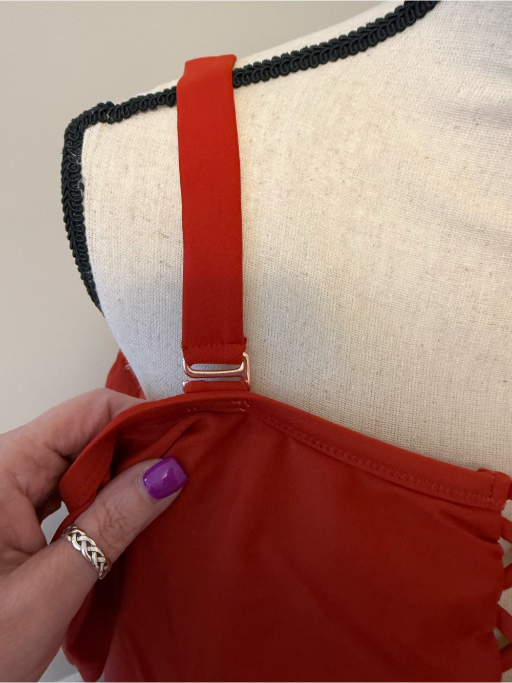 Red Off-Shoulder Ruffle & Lattice Swim Top - Picture 4 of 11